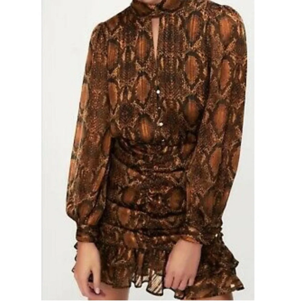 NWT- ZARA Animal Print Ruched Ruffle Front Long Sleeve Mini Dress
